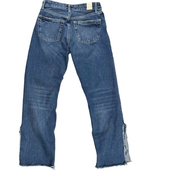 Zara Trafaluc Cropped Straight Leg Jeans Size 4 Denim Blue Pants Slit Distressed - Picture 4 of 13